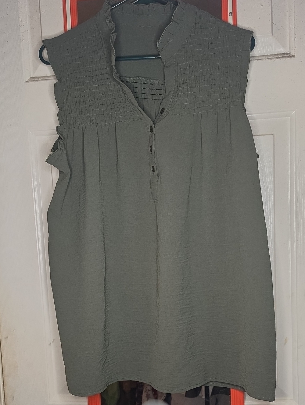 Sleeveless Smocked Yoke Tank Top - Olive Green